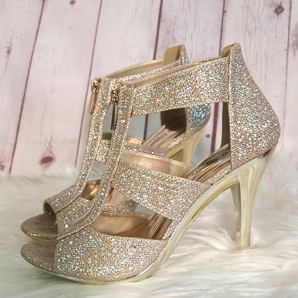 Rhinestone Bling Metallic Gold Heel Vegas Sparkly Stiletto Open Toe Heels Sz 7 - Picture 8 of 17
